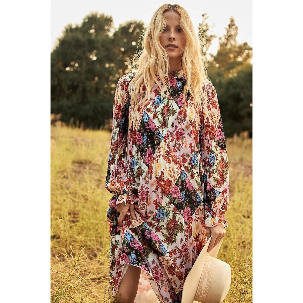 Anthropologie Maeve Shara Pleated‎ Midi Dress Floral Modest | Pink White | SZ S